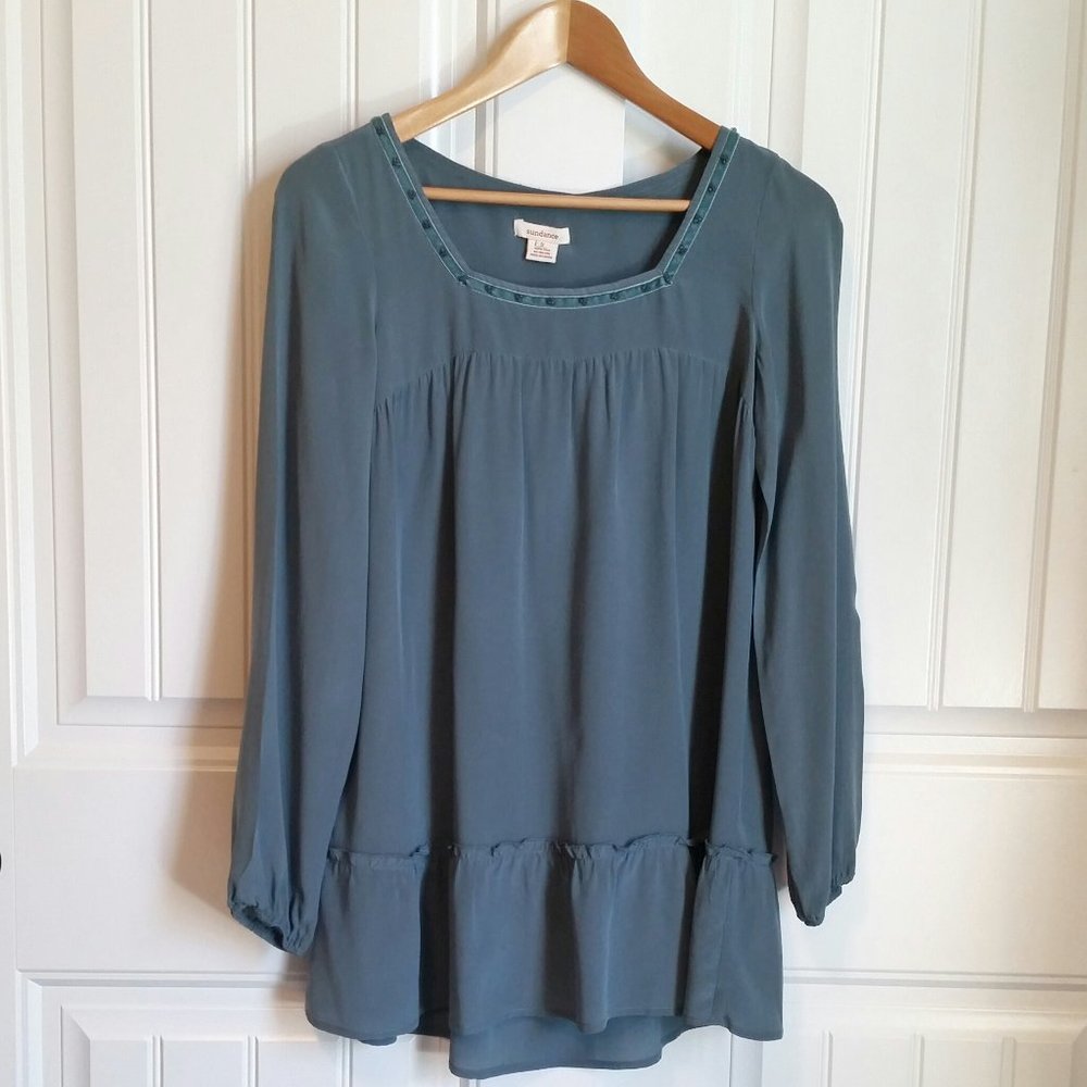 Sundance Silk Ruffle Beaded Square Neck Tunic S